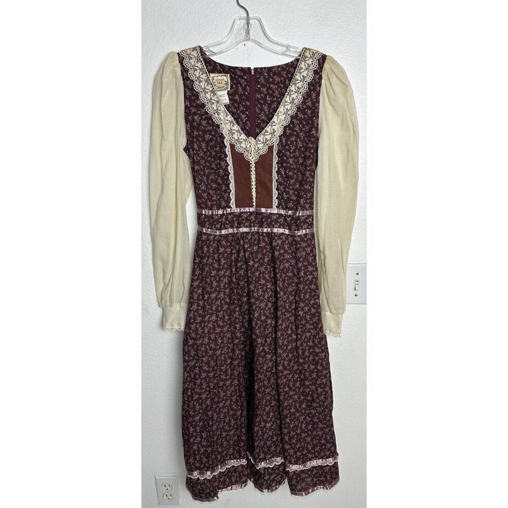 Gunne Sax by Jessica RARE 1970s Vintage Dress Burgundy Calico Midi Dress Size 9 - Picture 3 of 16